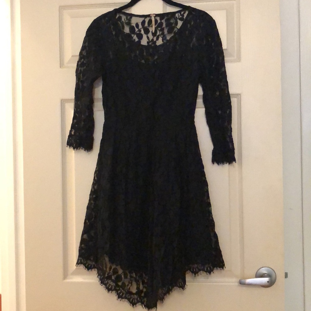 Free People Floral Mesh Lace Dress, Black, Size 4